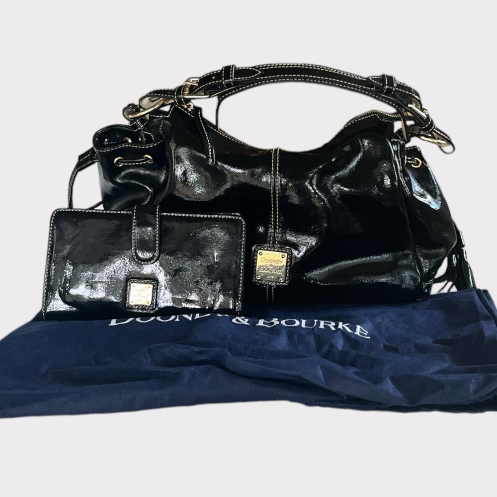 Dooney & Bourke Black Patent Leather Shoulder Bag with Matching Wallet